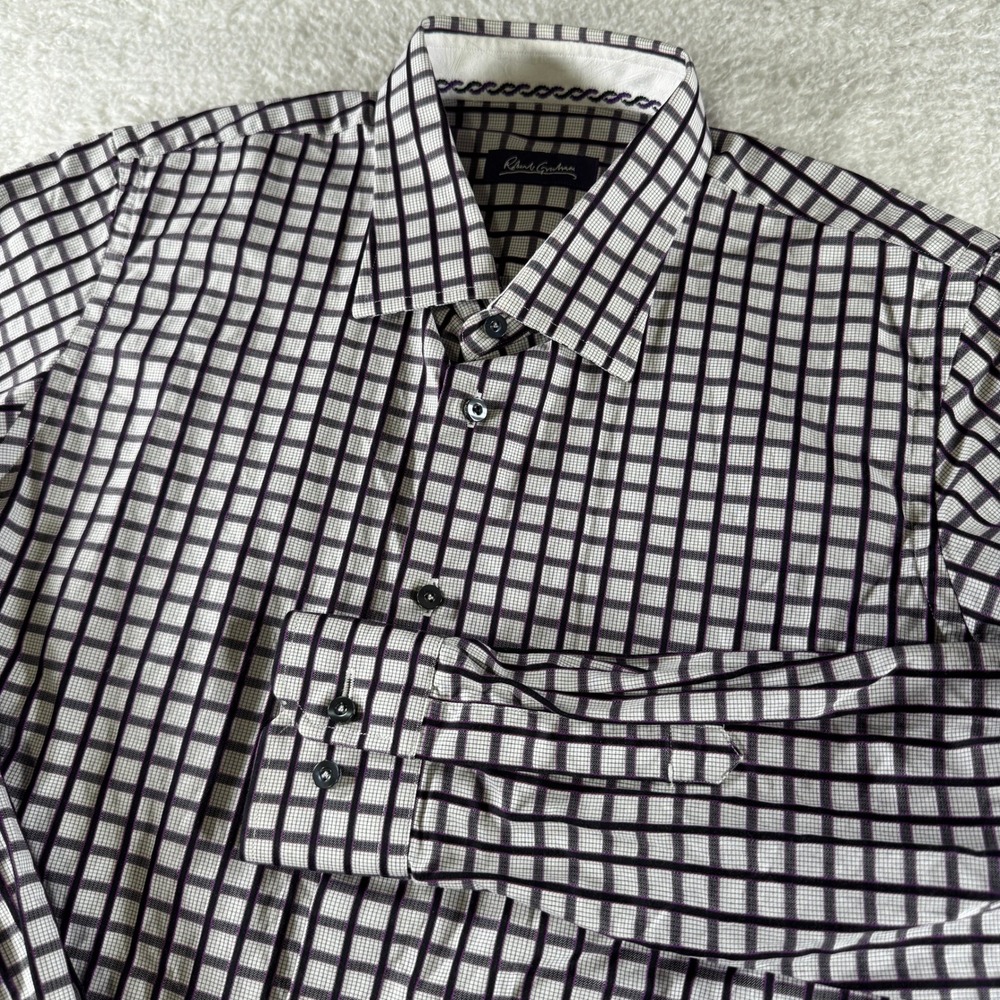 Robert Graham Check Button Up Long Sleeve Dress Shirt White Purple Youth XL 18‎